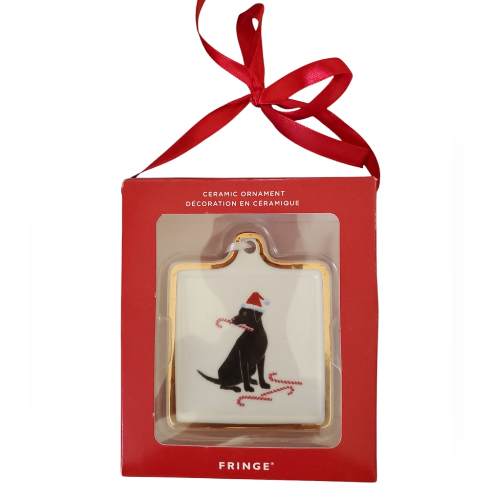 NIB Fringe Studio Dog/Black Labrador Square White/Gold Ceramic Ornament